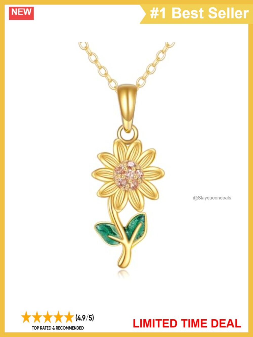 14k Real Gold Sunflower Pendant Necklace with Pink Cz Dainty Jewelry Gift for